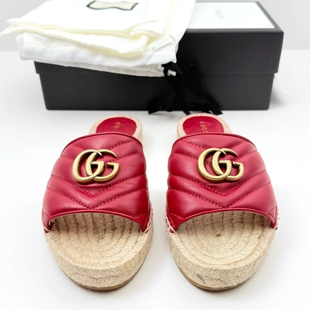 Gucci Charlotte Matelesse Espadrille Marmont Slide Sandal Hibiscus Red Leather 8